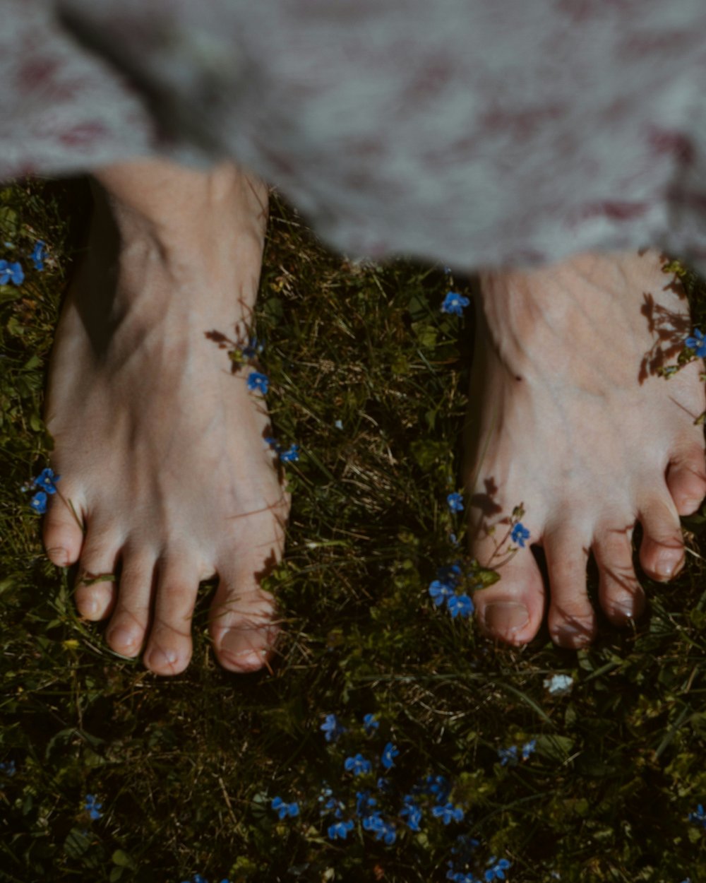 Bare feet on moss with forget-me-nots — grounding through reflexology